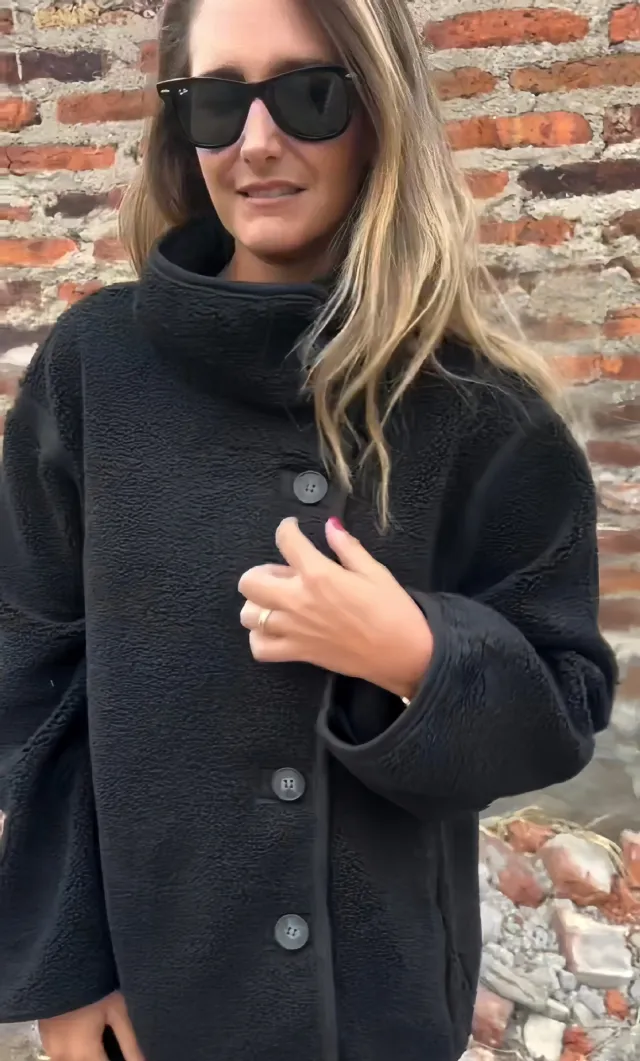 Button Furry Coat Lapel Button Loose And Warm Fleece Shirt Black - Shop at LoveMi