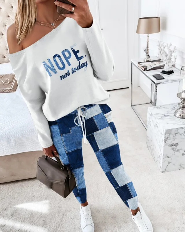 Women's Casual Printed Two piece Suit Clothing Denim Blue - Shop at LoveMi