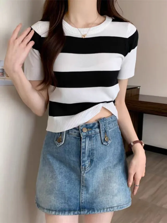 Summer New Striped Short Sleeve Women Slim Fit Slimming Top White - Shop at LoveMi