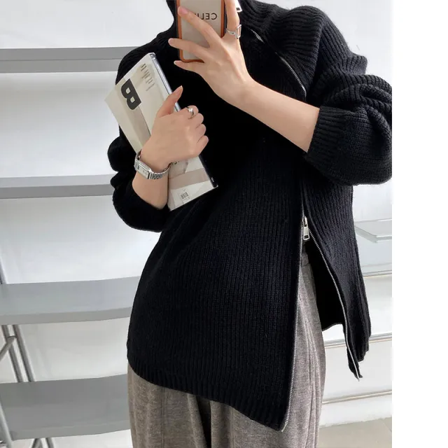 Double headed Zipper Turtleneck Sweater Coat Loose Plus Size Knitwear Black - Shop at LoveMi
