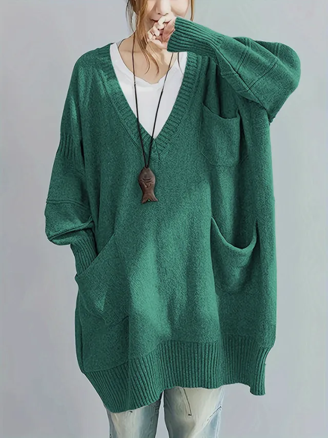 Loose fitting V neck Long Sleeves Outerwear Sweater Green - Shop at LoveMi