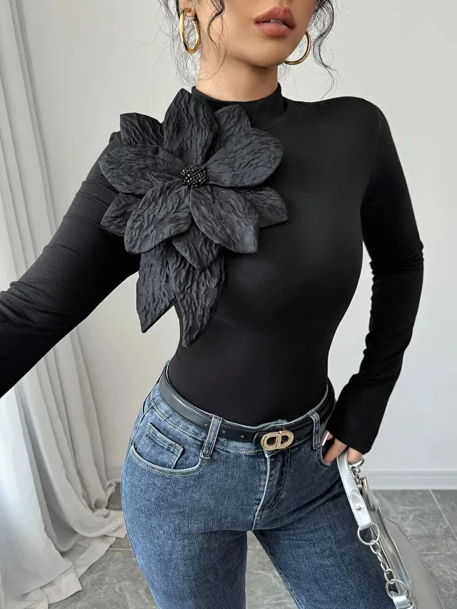 Womens Slim fit Floral High neck Long sleeve Top With Diamond Accents Floral - Shop at LoveMi