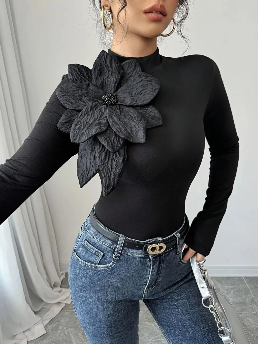 Womens Slim-fit Floral High-neck Long-sleeve Top With Diamond Accents - Floral