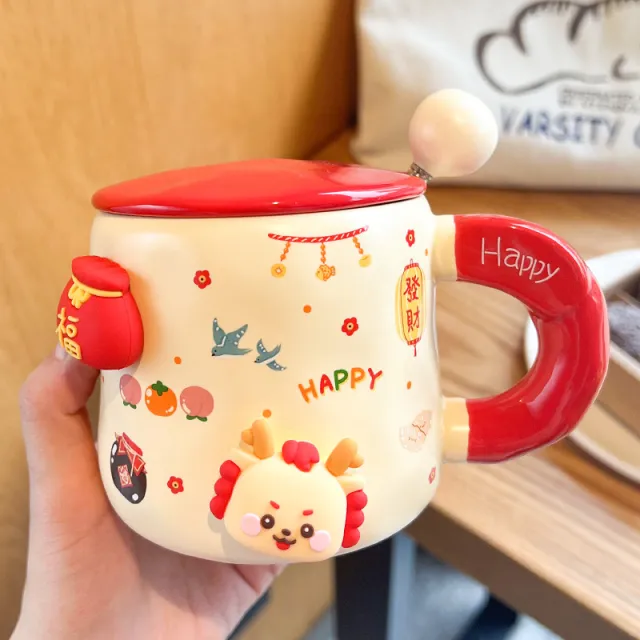 Good looking Ceramic With Cover Spoon Hand Gift Couple Coffee Cup Fortune Suit - Shop at LoveMi