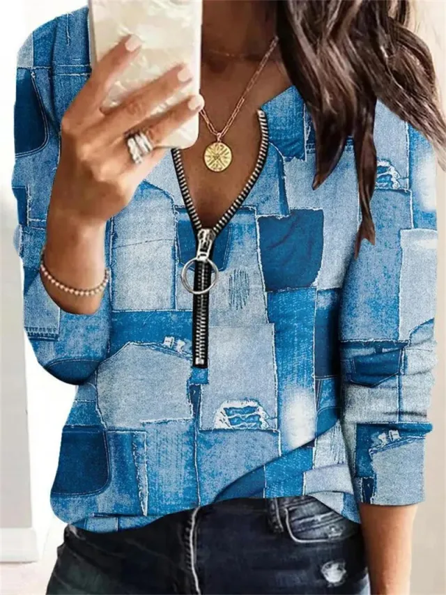 Geometric Abstract Printing Long Sleeve Zipper Sweater Pullover Blue - Shop at LoveMi