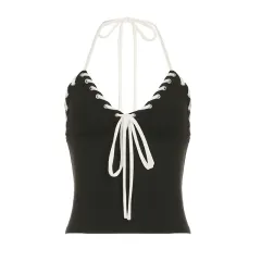 Contrast Color V-neck Halter Spaghetti Straps Tight Bootcut Pants Backless Two-piece Suit - Black Vest - View 1