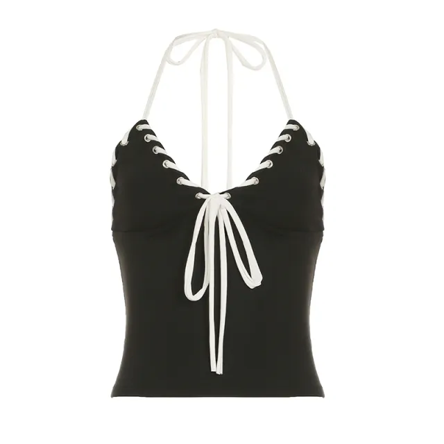 Contrast Color V neck Halter Spaghetti Straps Tight Bootcut Pants Backless Two piece Suit Black Vest - Shop at LoveMi
