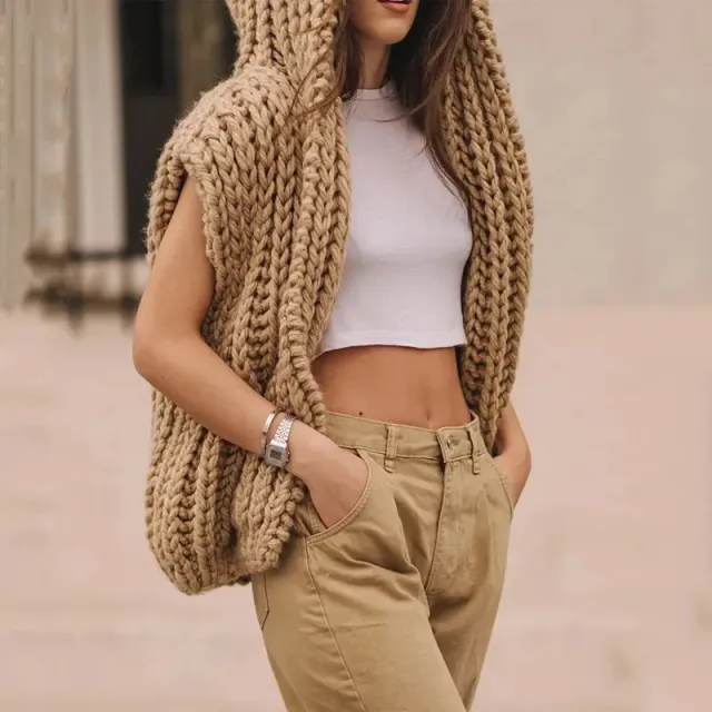 Hooded Thick Pattern Loose Knitted Cardigan Woven Design Sweater Camel - Shop at LoveMi