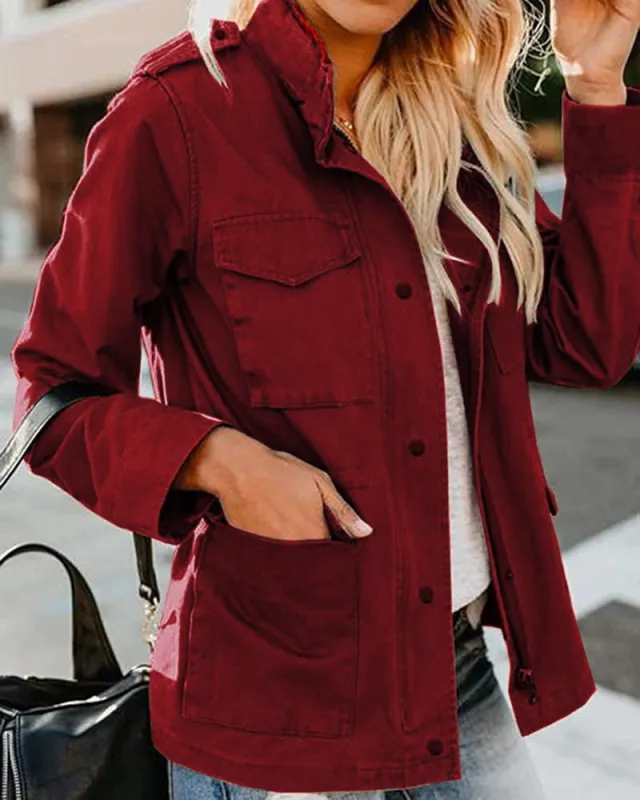 Women's Casual Fashion Solid Color Loose Zip Lapel Jacket Wine Red - Shop at LoveMi