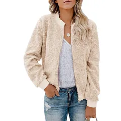 Autumn And Winter Plush Zipper Jacket For Women - Beige - View 1
