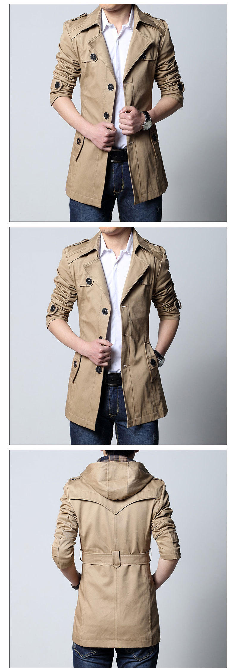 Title 3, Herren Casual Mid-Length Trenchcoat mit Kapuze ...