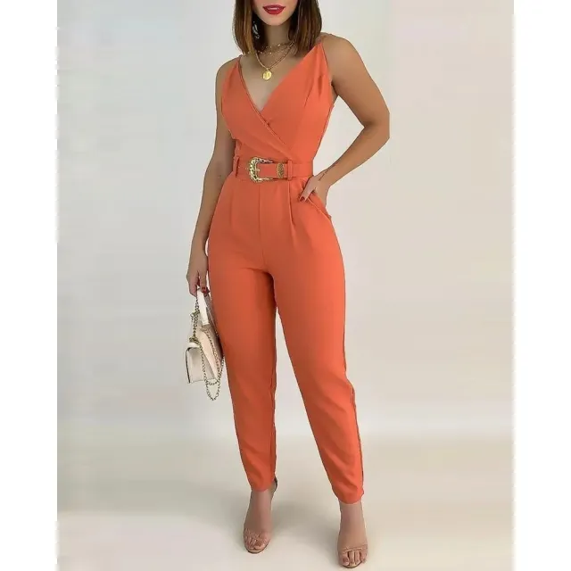 Women's Clothes V neck Lace Up Solid Color Jumpsuit Coral - Shop at LoveMi