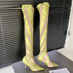 Pointed High Heel Elastic Thread Stitching Mesh Long Tube Over The Knee Boots - Apricot - View 1