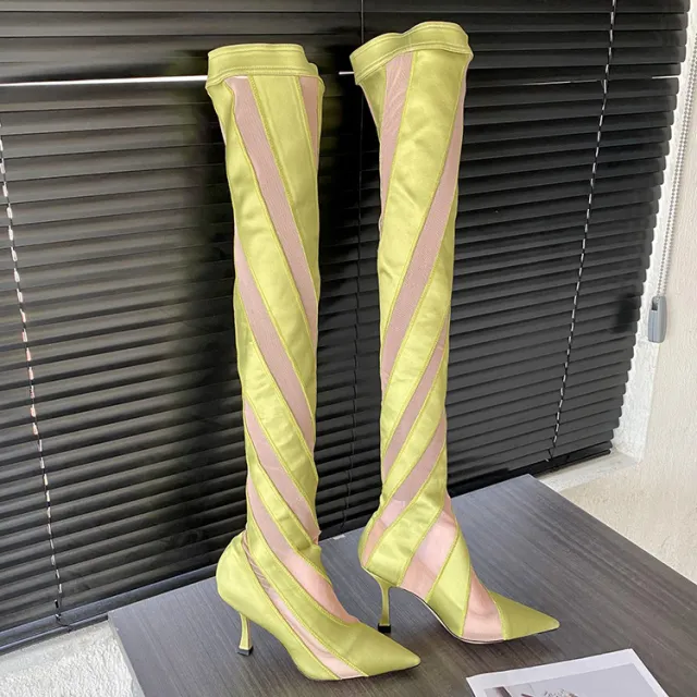 Pointed High Heel Elastic Thread Stitching Mesh Long Tube Over The Knee Boots Apricot - Shop at LoveMi
