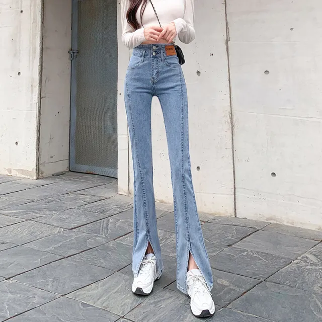 High Waist Straight All matching Stretch Split Skinny Jeans Light Blue - Shop at LoveMi