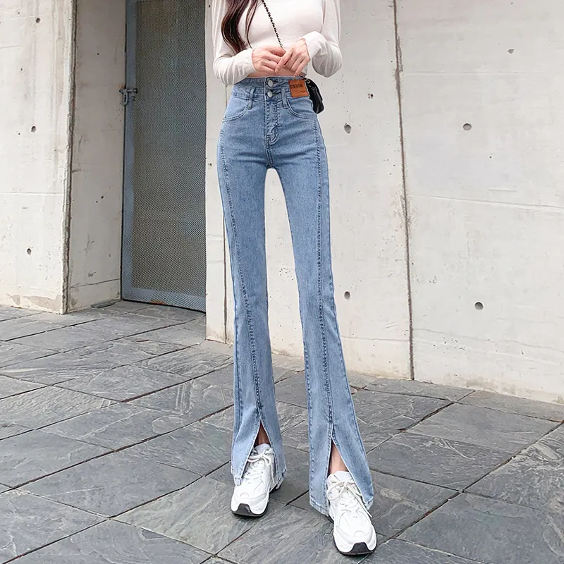 High Waist Straight All-matching Stretch Split Skinny Jeans - Light Blue
