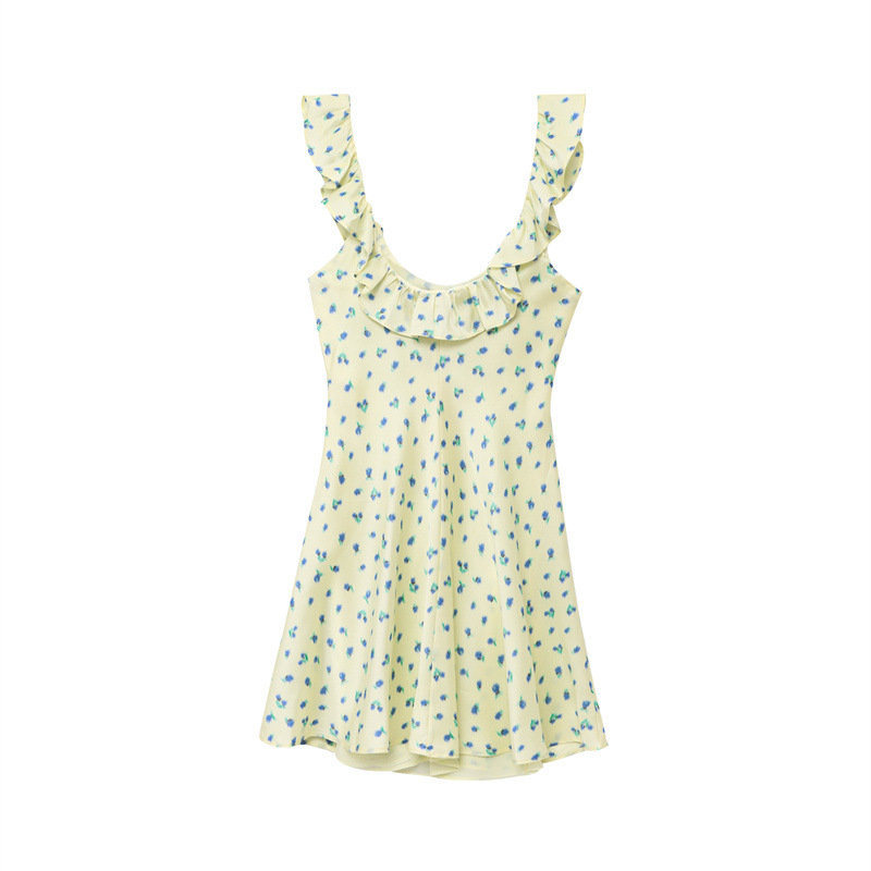 French Retro Silk Satin Texture Printed Round Neck Dress