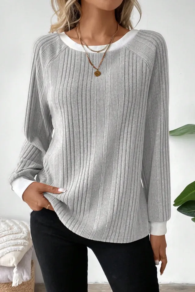 Long Sleeve Solid Color Rib Sunken Stripe Long Sleeve Sweater Gray - Shop at LoveMi