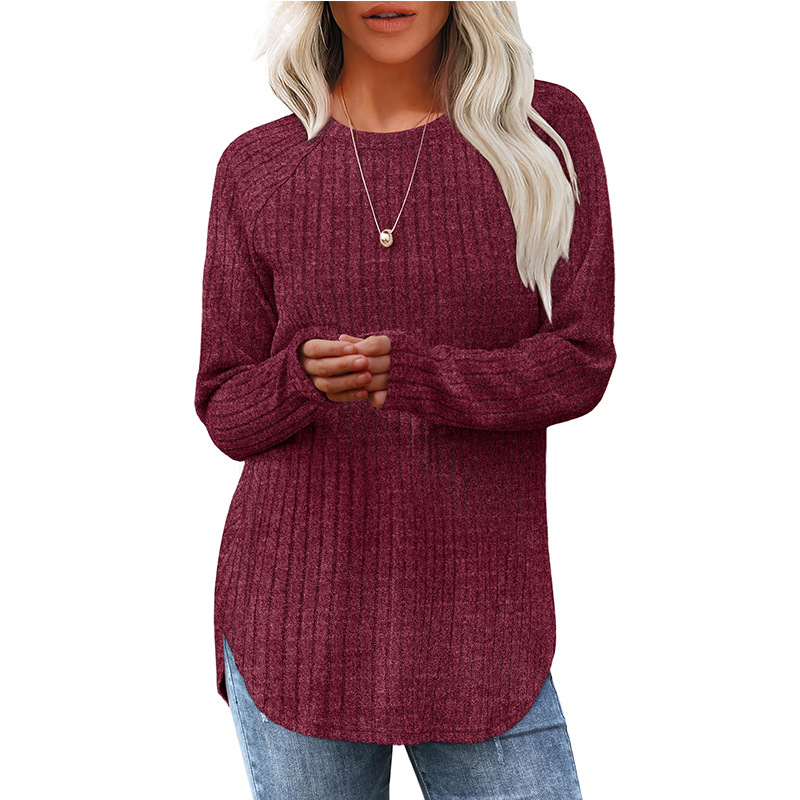 Women&#39;s Loose Round Neck High-Low Curved Hem Tops