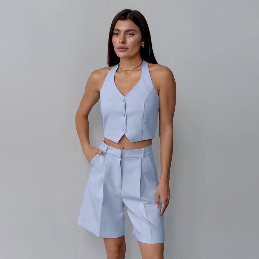 Leisure Loose-fitting Waistcoat Wide Leg Shorts Two-piece Set Blue Color Design Sense Suit Wholesale