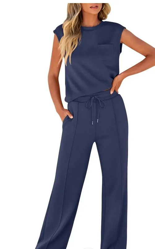 European And American Autumn And Winter New Sleeveless Casual High Elastic Loose Two piece Suit Women Dark Blue - Shop at LoveMi