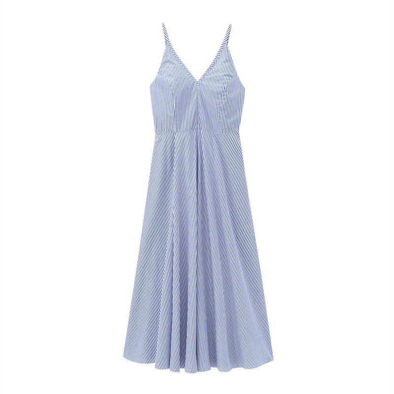 European And American-style Striped V-neck Slip Dress
