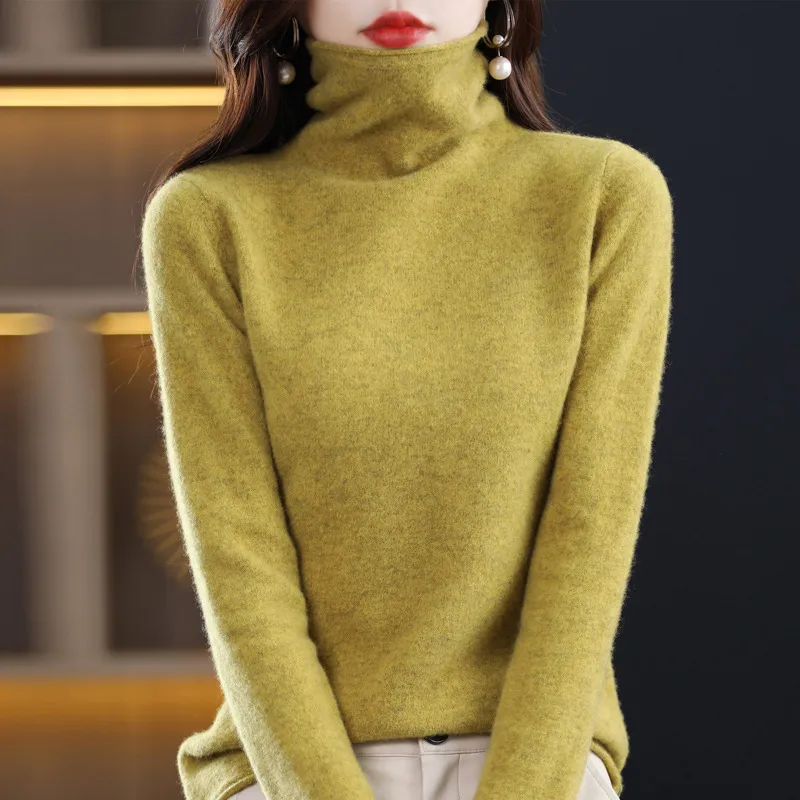 Pile Collar Woolen Sweater Women's Bottoming Shirt Turtleneck Sweater - Mustard Yellow