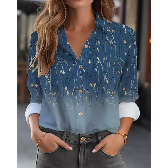 Women's Summer Shirt Digital Printing Plant Flower Pattern