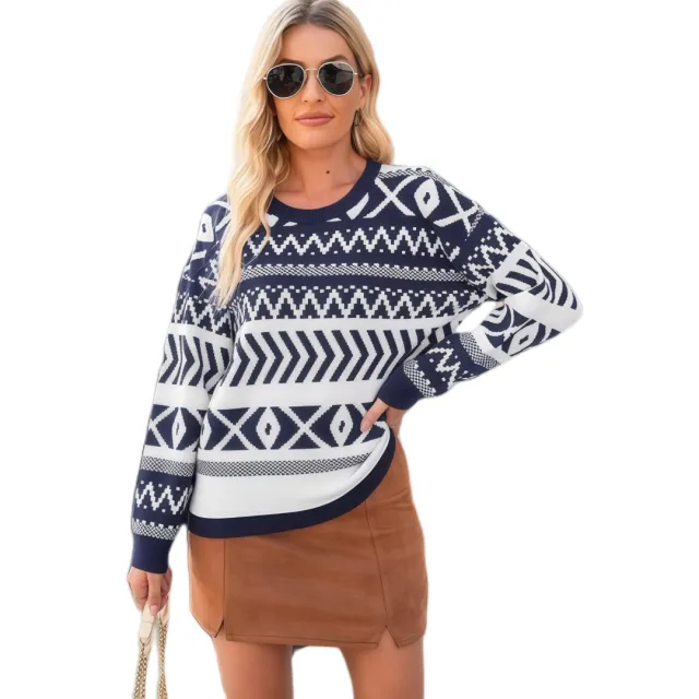 Intellectual Style Unique Long Sleeve Round Neck Knitted Sweater Navy Blue - Shop at LoveMi