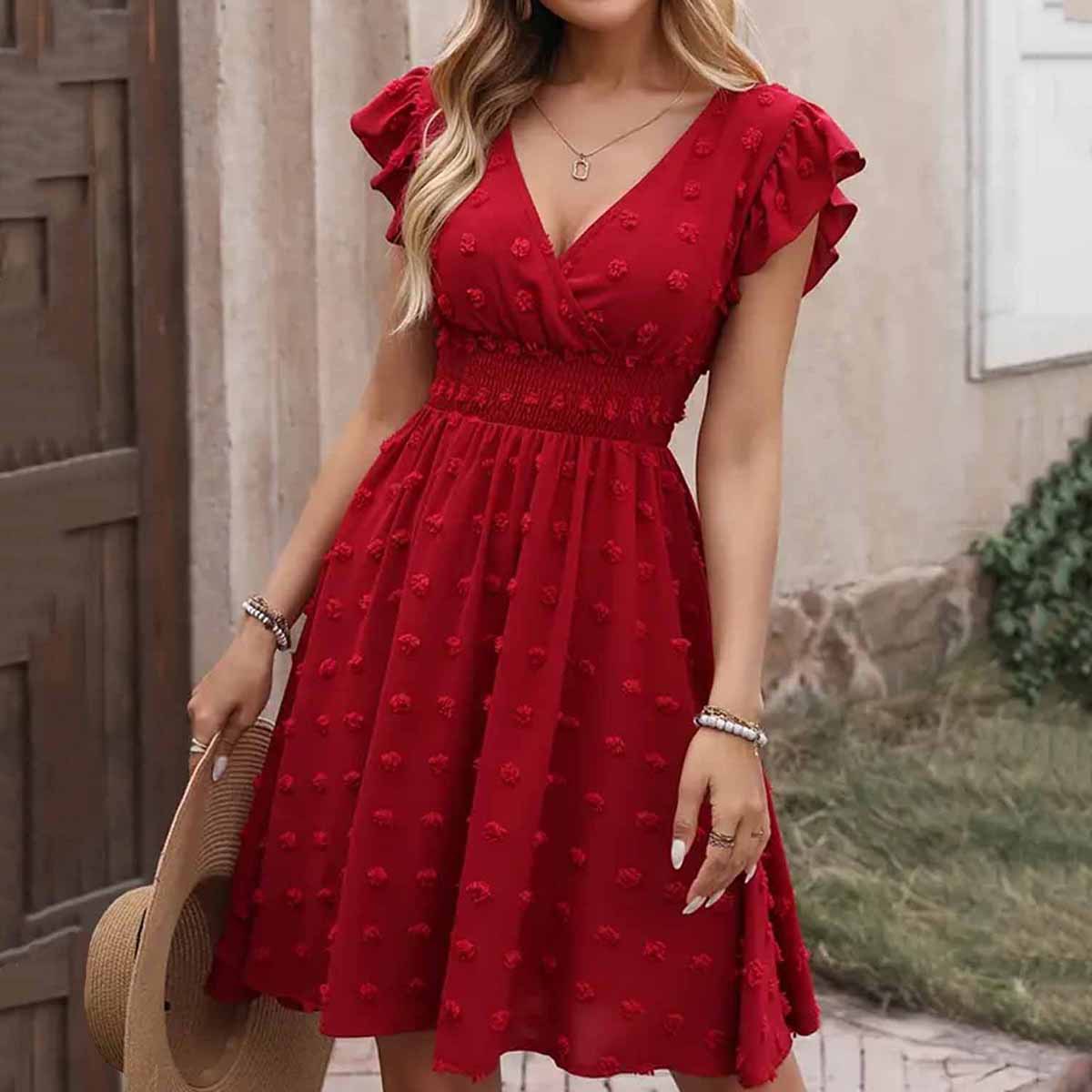 Jacquard Big Fur Ball Elastic Waist Ruffle Sleeve Short Sleeve V neck Dress Red - Shop at LoveMi