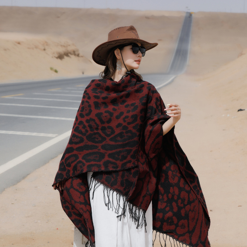 New Leopard-Print Tassel Shawl AutumnWinter Travel Faux Cashmere Knitted Scarf