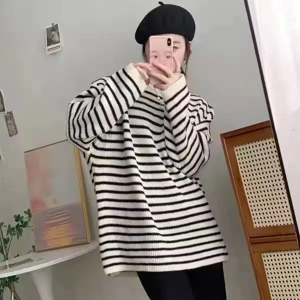 Casual Striped Round Neck Lazy Pullover Loose Retro Simple Beige - Shop at LoveMi