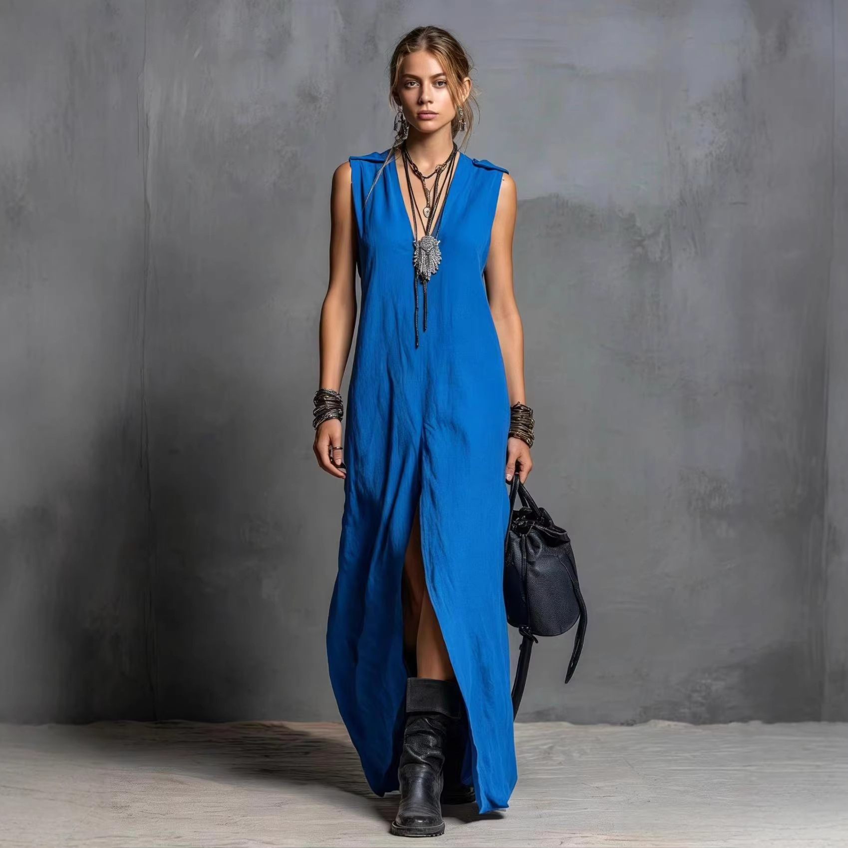 Womens Split Long Sleeveless V-Neck Dress - Image 1
