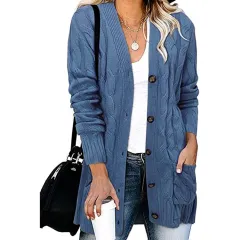 Autumn And Winter Women's Casual Knitted Button Coat - Denim Blue - View 1