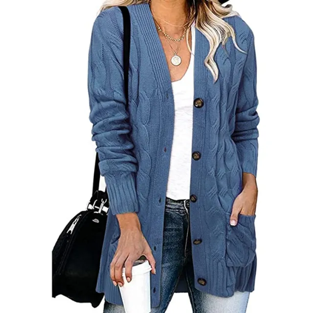 Autumn And Winter Women's Casual Knitted Button Coat Denim Blue - Shop at LoveMi