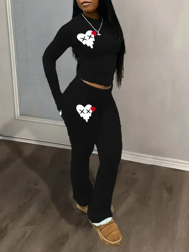Women's Fashion Personality Heart Printing Suit Black - Shop at LoveMi