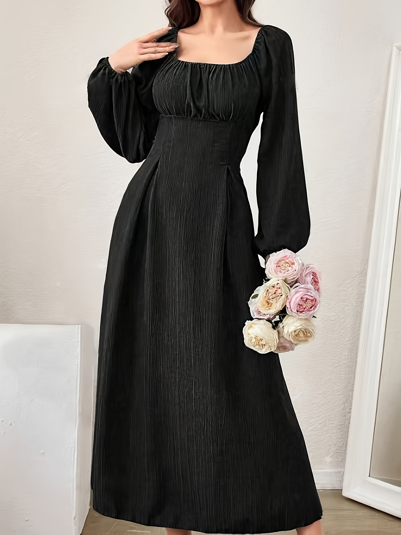 Stunning Textured Cross Tie Lantern Sleeve Midi Dress