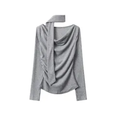 European And American High Class Elegant Scarf Top Women's Long Sleeve - Grey - View 1