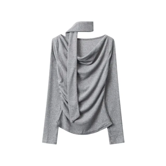 European And American High Class Elegant Scarf Top Women's Long Sleeve Gray - Shop at LoveMi