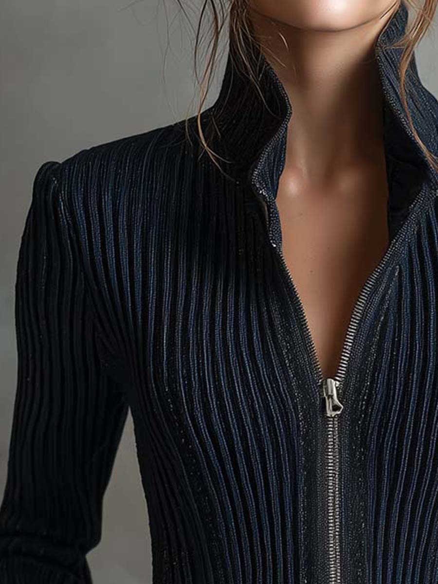 Women's rib-knit zip-up top in brown – color option detail