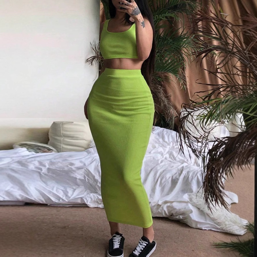 Women's Solid Color Fashion Slim fit Round Neck Sleeveless Dress Suit Yellow - Shop at LoveMi