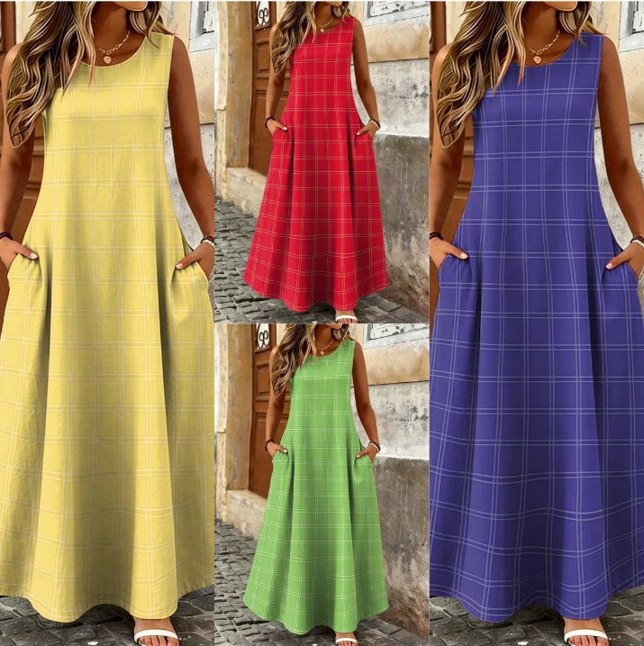 Printed Plaid Sleeveless Crew-Neck Dress For Women