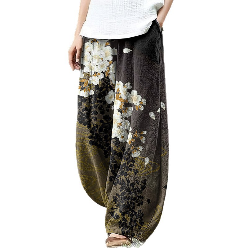 Womens Retro Artistic Floral Print Casual All-Match Pants