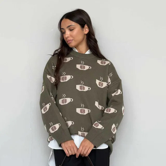 Women's Coffee Loose Long sleeved Knitted Sweater Coffee - Shop at LoveMi