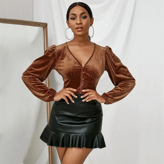 Spring And Summer New European And American V neck Slim fit Short Puff Sleeve Cardigan Long Sleeve Top Brown - Shop at LoveMi