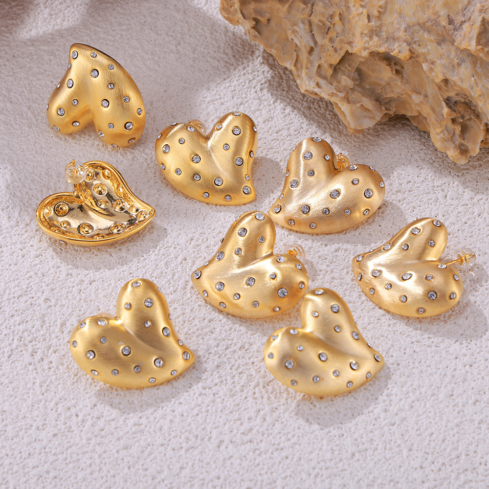 Diamond Love Heart Earrings Brushed Simple Niche