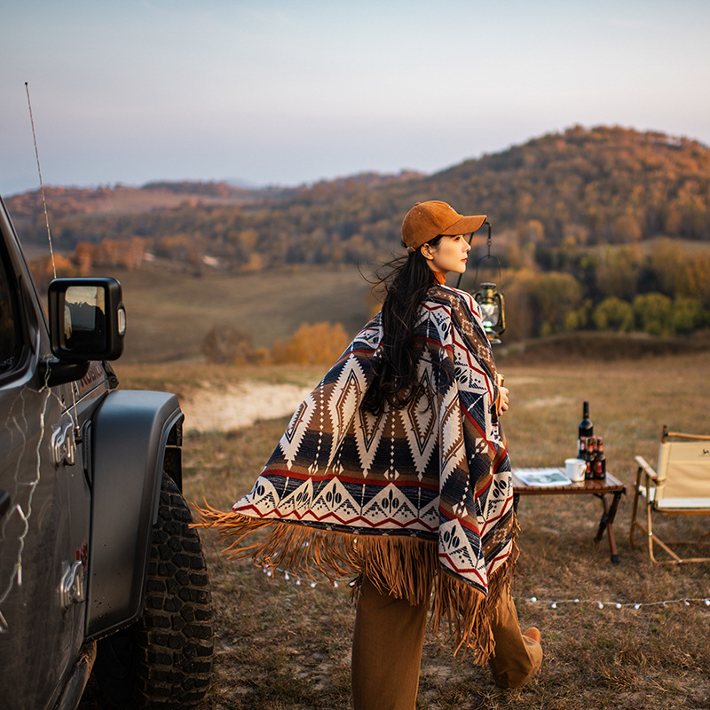 Ethnic Style Woolen Vintage Print Casual Double-sided Tassel Cape And Shawl Coat