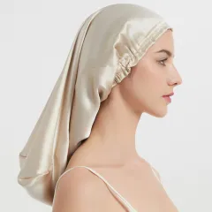 Silk Long Tube Nightcap Hair Care Thermal Heat Cap - Beige - View 1