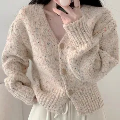 Women's Mixed Colour Dot V-neck Short Knitted Cardigan Sweater - Apricot - View 1
