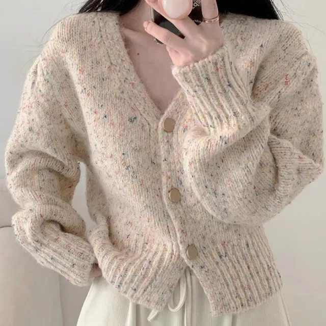 Women's Mixed Color Dot V neck Short Knitted Cardigan Sweater Apricot - Shop at LoveMi
